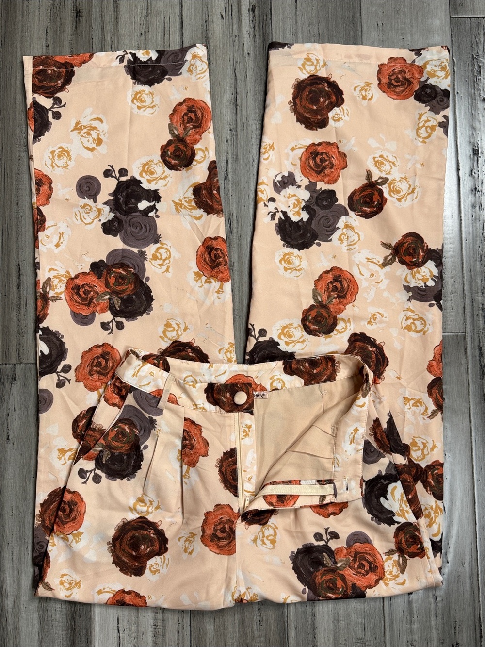 BAILEY ROSE FLORAL HIGH RISE WIDE LEG TROUSER PANTS CREAM BROWN ROSES SIZE MED - Picture 4 of 11